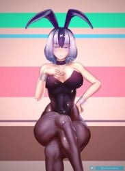 bare_shoulders big_breasts black_hair black_legwear black_leotard blue_eyes blue_lips crossed_legs fuyuko_(monster_girl_island) hand_on_hip looking_at_viewer lowres monster_girl monster_girl_island sitting thick_thighs white_hair wide_hips yuki_onna