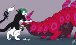 absurd_res anthro belly big_belly cock_vore collar digestion felid genitals green_hair group hair hi_res looking_pleasured male male/male mammal nintendo oral oral_vore pantherine penile penis pokémon_(species) pokemon rumbling_stomach saber_wispway scolipede sergal sound_effects tiger vic_the_tiger victor_alice_reed video_games vore vore_sex