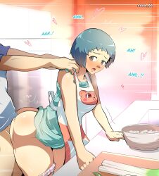 against_surface against_table ambiguous_penetration apron blue_hair blush coca from_behind fuuka_yamagishi makoto_yuki minato_arisato pants_down persona persona_3 short_hair sweat text yamagishi_fuuka