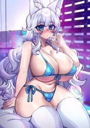 big_breasts bikini blue_eyes breasts huge_breasts indie_virtual_youtuber large_breasts lumi_(merryweather) merryweather osiimi thick_thighs thighhighs virtual_youtuber white_hair wolf_girl wolf_tail