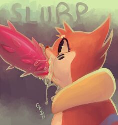 ambiguous_gender anthro bodily_fluids buizel cum cum_drip cum_in_mouth cum_inside cum_splatter cum_string dripping ejaculation erection fellatio fur genital_fluids genitals grimart looking_up male nintendo oral orange_body orange_fur penile penile_spines penis pink_penis pokémon_(species) pokemon sex video_games