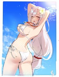 1girls armpits arms_up ass bikini genshin_impact long_hair looking_back pn_(wnsl216) shenhe_(genshin_impact) solo swimsuit wet white_hair