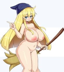 blonde_hair blue_eyes broom completely_nude huge_breasts large_breasts long_hair navel nude puyo_puyo sawati sega tagme white_background witch_(puyo_puyo) witch_hat