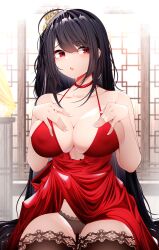 1girls 2022 ahoge azur_lane black_hair black_panties blush breasts cleavage cleavage_dress dress female female_only hair_ornament hand_on_chest hi_res huge_breasts long_hair panties red_dress red_eyes samip side_ponytail taihou_(azur_lane) thighhighs very_high_resolution very_long_hair