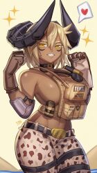 1girls belt belt_buckle camouflage_pants collar dark-skinned_female gloves horns lokigun military_uniform monster_girl no_bra oc sandy_blonde_hair sharp_teeth sideboob smiling watermark yellow_eyes