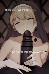 1boy 1girls alternate_version_available anju_(anjuionushi) bar_censor blonde_hair blue_eyes censored cum cum_in_nose dark-skinned_male english_text fellatio indoors interracial large_penis looking_at_viewer nun original original_character penis qos queen_of_spades queen_of_spades_symbol slq spade_earrings spade_tattoo spoken_heart tattoo topless