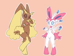 2022 2girls absurd_res anthro areola blue_eyes breasts brown_body digital_media_(artwork) eeveelution female female_only flat_chested flat_colors fur furry furry_only genitals hi_res lagomorph leporid looking_at_viewer lopunny mammal naked nintendo nipples nova_rain nude pink_areola pink_nipples pokémon_(species) pokemon pokemon_(species) pussy rabbit ribbons simple_background sketch smile solo sylveon video_games white_body