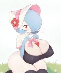 1girls 2022 :< anthro big_breasts black_leotard blue_hair blush bob_cut bonnet breast_grab breast_suppress capelet clarevoir cleavage fashionable_style_gardevoir female female_only flower flying_sweatdrops gardevoir hair_over_one_eye hands_on_chest hat hat_flower highres horn huge_breasts kneeling leotard looking_at_breasts looking_down nintendo on_ground outdoors pokémon_(species) pokemon pokemon_(species) pokemon_unite red_eyes red_flower shiny_pokemon short_hair sitting skindentation sky solo sweat sweatdrop thick_thighs thighhighs thighs wariza white_background white_skin wide_hips