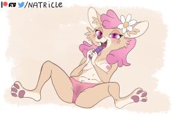 accessory anthro big_ears breasts canid clothing cute_expression dildo female flower flower_in_hair hair hair_accessory looking_at_viewer mammal masturbation natricle nipples pawpads pink_eyes pink_hair pink_nipples plant pubes sex_toy solo teeth underwear