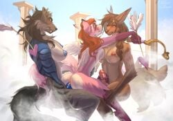 anthro arrow autumn_(bobbifox) balls blush bow_(weapon) breasts canid canine canis cloud deaddomovec ear_piercing ear_ring exposed_breasts female female_penetrated fennec fox fox_spirit futanari genitals group group_sex handjob hi_res humanoid intersex intersex/female intersex/female/intersex intersex_penetrating intersex_penetrating_female lollydoom lonewolfbiker mammal multi_tail penetration penile penis piercing pillars ranged_weapon ryoko_(character) sex threesome weapon wings wolf