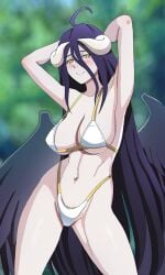 1girls albedo_(overlord) armpits arms_behind_head aruman big_breasts black_hair black_wings horns long_hair monster_girl overlord_(maruyama) pubic_hair succubus tagme yellow_eyes