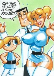 1boy 2girls adoptive_daughter adoptive_father bimbo black_hair blonde_hair blue_eyes bubbles_(powerpuff_girls) cartoon_network colored curvy dialogue different_artstyle female female_focus gloves hands_on_hips hourglass_figure humor joe_gravel large_breasts minigirl nipple_bulge nipples panties pencil_(artwork) powerpuff_girls professor_utonium questionable sexually_suggestive sideboob sketch_card small_waist speech_bubble traditional_media_(artwork) wide_hips