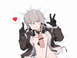 after_sex bar_censor black_necktie black_neckwear blush breasts brown_jacket censored cum cum_on_hair disembodied_penis ejaculation facial female girls'_frontline headphones highres jacket kim_da-yoon looking_at_viewer m200_(girls'_frontline) necktie penis philipposter short_hair smile solo_focus spoken_heart undressed v