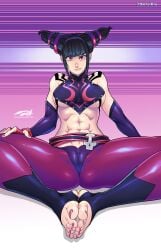 1girls abs barefoot black_hair cameltoe capcom darkereve feet feet_together feet_together_knees_apart female female_only foot_fetish hi_res juri_han looking_at_viewer pink_eyes sitting solo solo_female street_fighter street_fighter_iv thick_thighs tied_hair toeless_legwear toes toned toned_female underboob