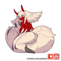 demon_girl fluffy_tail green_eyes horns long_tail monster_girl oc patreon_logo red_skin shawnger sideboob watermark white_fur white_hair