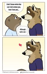 2022 absurd_res anthro anthro_on_anthro brown_body brown_fur clothing comic dialogue duo english_text eye_contact felix_(nik159) fellatio fur heart hi_res looking_at_another lutrine male male/male mammal mustelid nik_(nik159) nikraccoom oral penile procyonid raccoon sex shirt text topwear