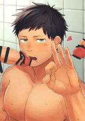 big_pecs blowjob blush gay male male_only okay_sign original_character shower_room threesome toda_to