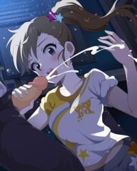 1boy cum cumshot ejaculation female futami_mami handjob highres idolmaster idolmaster_million_live! kim_da-yoon penis penis_grab philipposter