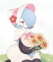 ! 1girls 2022 :o anthro black_leotard blue_hair blush bob_cut bonnet breast_grab capelet clarevoir cleavage covering covering_face fashionable_style_gardevoir female female_only flower gardevoir hair_over_one_eye hat hat_flower highres holding_flower horn huge_breasts kneeling leotard looking_at_viewer nintendo on_ground open_mouth outdoors pokémon_(species) pokemon pokemon_(species) pokemon_unite red_eyes red_flower shiny_pokemon short_hair sitting skindentation sky solo speech_bubble spoken_exclamation_mark sunflower thick_thighs thighhighs thighs tongue v_arms wariza white_background white_flower white_skin wholesome wide_hips