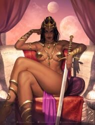 1girls a_princess_of_mars alien_girl anklet barsoom black_hair covered_nipples crossed_legs dejah_thoris edgar_rice_burroughs female_only fit_female jewelry john_carter_of_mars krysdecker loincloth looking_at_viewer mars pasties pelvic_curtain pinup solo sword tan_skin thick_thighs