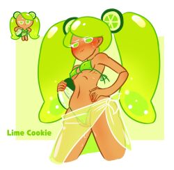 1girls ball bikini blush clothing cookie_run embarrassed erect_clitoris female female_only food_creature gingerbread_cookie hair hand_on_hip hard_nipples holding_object human humanized humanoid lime_cookie lime_eyes lime_hair long_hair looking_at_viewer looking_down marshii_lewds micro_bikini navel nipple_bulge pout revealing_clothes see-through_clothing simple_background skinny skinny_girl solo standing sweat tan_body tan_skin thick_thighs thin thin_female twintails