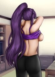 1girls back doki_doki_literature_club female genkun gnyrkd long_hair meme no_bra purple_hair ryukoredraw undressing workout yuri_(doki_doki_literature_club)