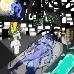 alicorn anthro anthrofied blue_hair bound breasts clothed clothing equid equine female friendship_is_magic genitals hair hasbro hi_res horn lying male mammal my_little_pony nude on_back princess_luna_(mlp) pussy sanyo2100 tech_gear_(oc) wings