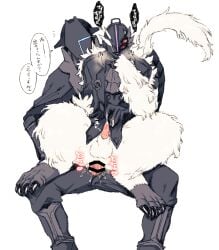 2boys anal anal_juice anal_sex animal_genitalia animal_penis anthro bar_censor bondrewd bottomless breath claws clothed_sex cum doshole erection fur gay gueira helmet human_on_anthro humanoid japanese_text made_in_abyss male male_only mask masked masked_male monster muscular_male narehate penis penis_out retracted_foreskin sharp_claws sitting_on_lap sitting_on_person speech_bubble spread_legs tail white_fur yaoi