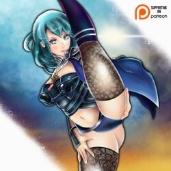 bare_thighs blue_panties breasts byleth_(fire_emblem) byleth_(fire_emblem)_(female) easyskweezy female fire_emblem fire_emblem:_three_houses leggings medium_breasts nintendo one_leg_up panties solo stretching thighs vertical_splits