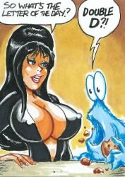 1boy 1girls 2022 black_hair blue_eyes blue_fur breasts cleavage colored cookie cookie_monster crossover curvy curvy_female elvira elvira:_mistress_of_the_dark female goth joe_gravel large_breasts light-skinned_female nipple_bulge pencil_(artwork) sesame_street sexually_suggestive sfw sketch_card traditional_media_(artwork) voluminous_hair voluptuous