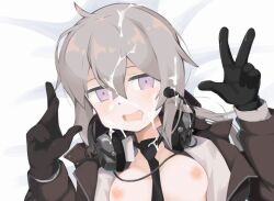 after_sex black_necktie black_neckwear blush breasts brown_jacket cum cum_on_hair facial female female_focus girls'_frontline headphones jacket kim_da-yoon looking_at_viewer m200_(girls'_frontline) necktie philipposter short_hair smile solo undressed upper_body v