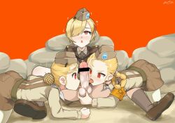 1boy 2girls blush braid censored fellatio girls'_frontline hair_bun highres kim_da-yoon licking m2_(girls'_frontline) military military_uniform multiple_girls oral penis philipposter uniform