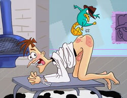 1animal 1boy blue_fur bottomless brown_hair disney dr_heinz_doofenshmirtz erect_while_spanked erection feral gay hat head_down_ass_up human interspecies looking_back male male_only mammal monotreme mouth_open multiple_males penis perry_the_platypus phineas_and_ferb platypus size_difference spank_marks spanking tagme tripperfunster wrists_tied