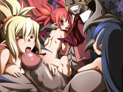 1boy 3girls black_hair blonde_hair dark-skinned_male defeated disgaea disgaea_2 etna harem huge_cock nippon_ichi_software overlord_zenon penis red_hair rozalin yukimaru