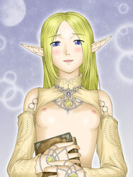 blonde_hair blue_eyes blush book breasts clothing color elf female female_only front_view holding_object lineage looking_at_viewer nipples open_mouth pointy_ears solo