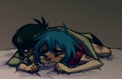 2boys 2d_(gorillaz) 2doc anal anal_sex bed bleeding blue_hair bruised crying from_behind gay gorillaz grabbing_sheets lemonteaflower murdoc_niccals musician no_pants sobbing yaoi