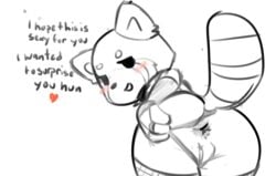 2019 aggressive_retsuko ailurid anthro anus armwear ass beady_eyes bent_over blush clothing clothing_aside dialogue english_text female fernut fingerless_gloves fishnet fishnet_legwear fur genitals gloves half-closed_eyes handwear heart legwear looking_at_viewer looking_back mammal narrowed_eyes panties panties_aside presenting presenting_hindquarters pussy rear_view red_panda retsuko ring sanrio sketch smile solo straight_hair talking_to_viewer text underwear underwear_aside