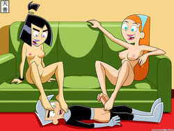 1boy 2girls barefoot brother_and_sister danny_fenton danny_phantom feet female female_human female_human_feet foot_fetish foot_on_penis footjob human incest jazz_fenton licking_foot male multiple_girls naughty_face penis sam_manson smiling straight straight_hair tenzen toejob