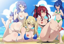 ass barefoot beach bikini bikini_top blonde_hair blue_hair blush breasts erza_scarlet fairy_tail feet herchi herchi_(artist) juvia_lockser lucy_heartfilia nipples pussy red_hair smile wendy_marvell