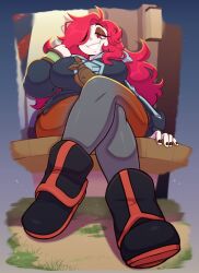 1girls arezu_(pokemon) big_breasts boots dominant female female_only hair_over_one_eye pokemon pokemon_legends:_arceus pov red_eyes red_hair smile smug submissive_pov throne tight_clothing toon_michaela toxicsoul77 whore_eyes wide_hips