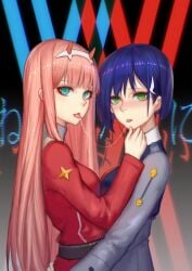 2girls @_@ after_kiss bangs blue_eyes blue_hair blush darling_in_the_franxx grabbing_another's_chin green_eyes hair_ornament hairclip hand_on_another's_chin hug ichigo_(darling_in_the_franxx) long_hair looking_at_viewer military military_uniform multiple_girls nose_blush open_mouth pink_hair pre_(preecho) saliva saliva_trail short_hair tongue tongue_out uniform very_long_hair yuri zero_two_(darling_in_the_franxx)