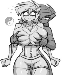 albry_(zzzhodazzz) big_breasts fully_clothed grabbing_breasts kyurby_(zzzhodazzz) robot robot_girl smirk standing tagme zzzhodazzz