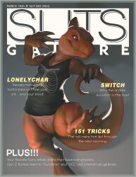 2022 animal_genitalia anthro anthro_only black_clothing black_shirt black_tank_top black_topwear bottomless bottomless_anthro bottomless_male charmeleon claws clothed clothing cover drakawa english_text finger_claws genital_slit genitals grey_background holding_tail magazine_cover male nintendo on_one_leg partially_clothed pokémon_(species) pokemon raised_leg red_eyes ribcage shadow shirt simple_background slit slit_day smile solo standing tail_wraps tank_top teeth text thomas_(lonelycharart) toe_claws topwear video_games wraps