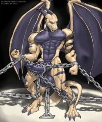 abs angry anthro aroused balls biceps bondage bound chains dragon erection genitals hi_res male pecs penis reptile rithe scalie snarling solo tattoo tithinian wings