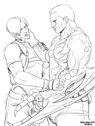 2boys black_and_white gay gay_sex hand_on_another's_head hand_on_face jack_krauser leon_scott_kennedy male male/male male_only marukanitel penis resident_evil sketch source_request white_background