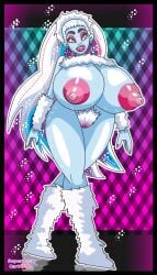 1girls abbey_bominable blue_skin fangs hairy_pussy huge_breasts long_hair monster monster_girl monster_high pubic_hair superbustycartoon voluptuous white_fur white_hair yeti