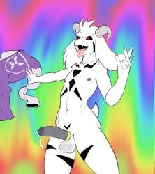 accessory anthro asriel_dreemurr asriel_dreemurr_(god_form) black_sclera bodily_fluids bovid caprine clothing cock_ring cum fours_(artist) genital_fluids genitals goat hi_res jewelry male male_only mammal markings nude penis penis_accessory penis_jewelry rainbow_background red_eyes simple_background solo tongue tongue_out undertale undertale_(series) undressing video_games