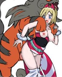 1girls arcanine arm_grab blonde_hair blue_eyes blush breasts breasts_out censored censored_penis clothed clothed_sex clothing female female_on_feral feral feral_on_female feral_on_human from_behind game_freak hisuian_arcanine human_on_feral interspecies irida_(pokemon) legs_together light-skinned_female light_skin long_hair male male_pokemon/female_human nintendo nivi open_mouth penetration penis pokemon pokemon_(game) pokemon_(species) pokemon_legends:_arceus pokephilia pussy rape simple_background size_difference vaginal_penetration wide_eyed zoophilia