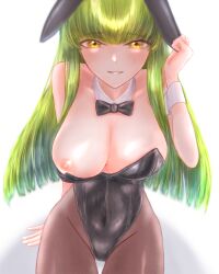 big_breasts bowtie breast_out bunny_ears bunnysuit c.c. code_geass female green_hair hair_between_eyes nipple q_(f72637285) tagme yellow_eyes