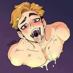 atsumu_miya blush bukkake cum_everywhere cum_in_mouth cum_on_body cum_on_face cumdump cumdumpster gay haikyuu!! looking_up_at_viewer male male_only servojob tongue_out yaoi